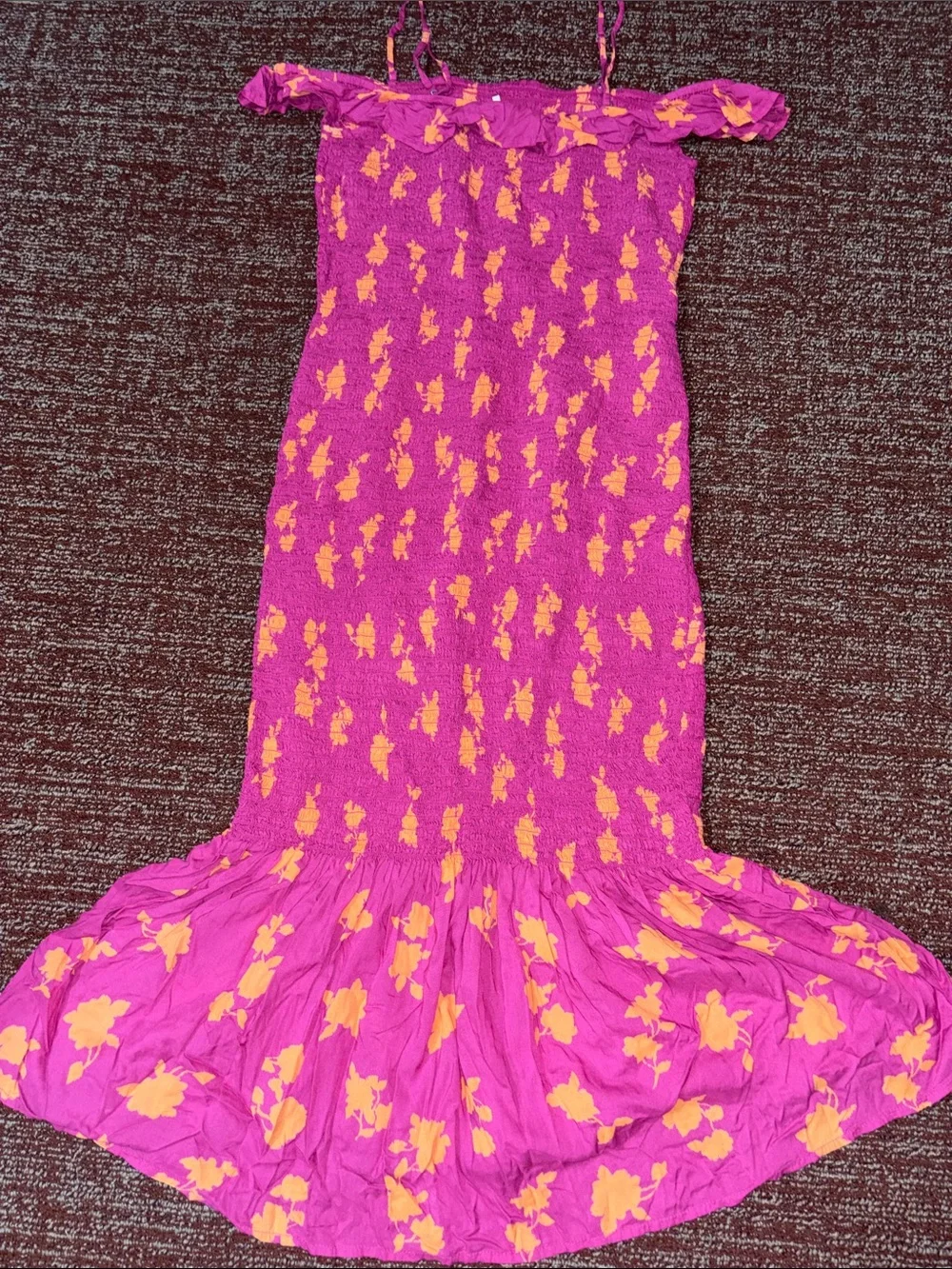 Anthropologie dress magenta smocked floral bell hem removable strap fitted med